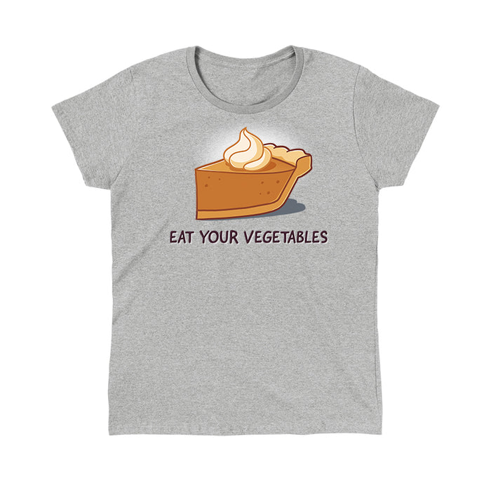 Classic Cotton T-shirt_TeeTurtle heather gray Eat Your Vegetables apparel featuring a slice of pumpkin pie with whipped cream on top, and the caption, “Eat Your Vegetables“.