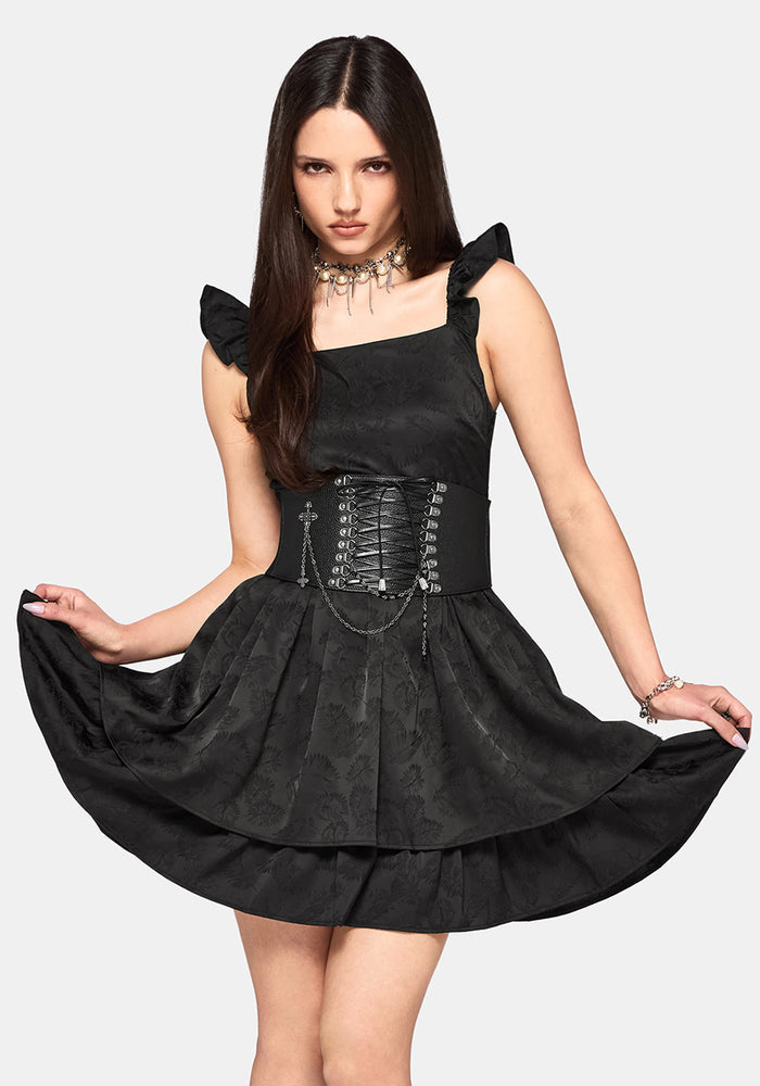 Elaria Jacquard Tie Back Tiered Babydoll Mini Dress