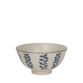 Large ceramic bowl with beige speckled finish and blue vine leaf pattern