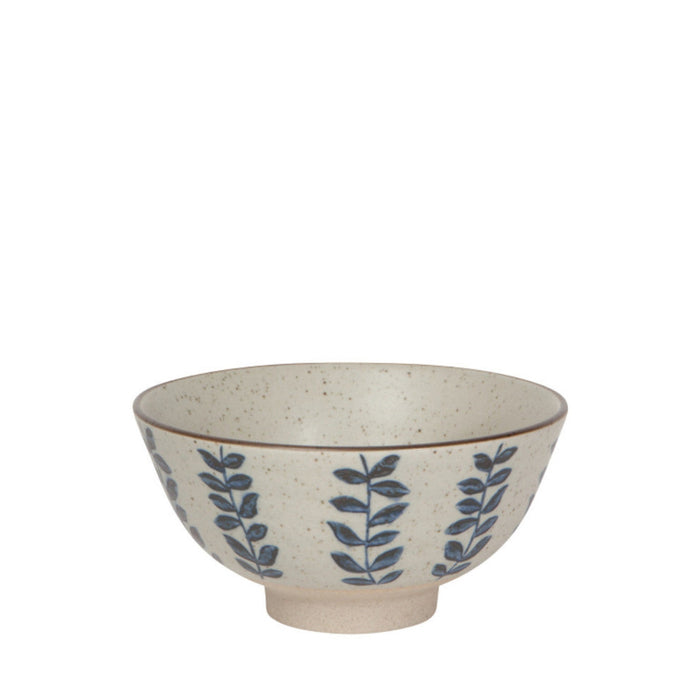 Large ceramic bowl with beige speckled finish and blue vine leaf pattern