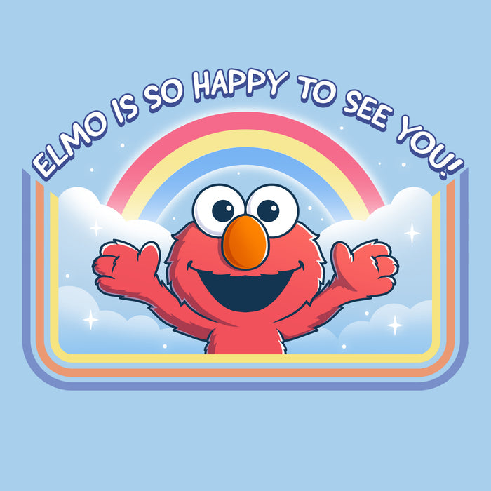 Premium Cotton T-shirt_TeeTurtle light blue Elmo Is So Happy To See You Premium Cotton T-shirt featuring Elmo from Sesame Street. He's smiling and has his arms wide as if he's going in for a hug. There's a rainbow and clouds behind him and  there is a retro style border along the sides and bottom. At the top is the text "Elmo Is So Happy To See You."