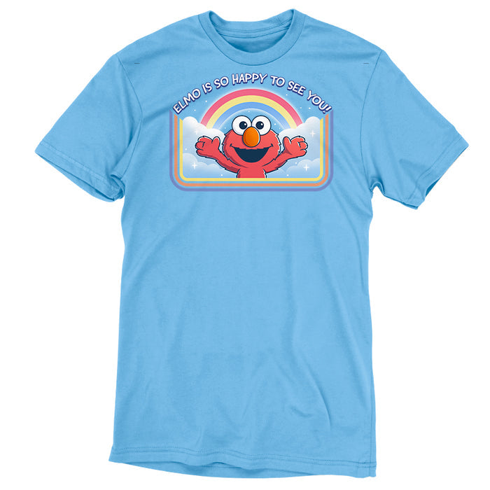 Premium Cotton T-shirt_TeeTurtle light blue Elmo Is So Happy To See You Premium Cotton T-shirt featuring Elmo from Sesame Street. He's smiling and has his arms wide as if he's going in for a hug. There's a rainbow and clouds behind him and  there is a retro style border along the sides and bottom. At the top is the text "Elmo Is So Happy To See You."
