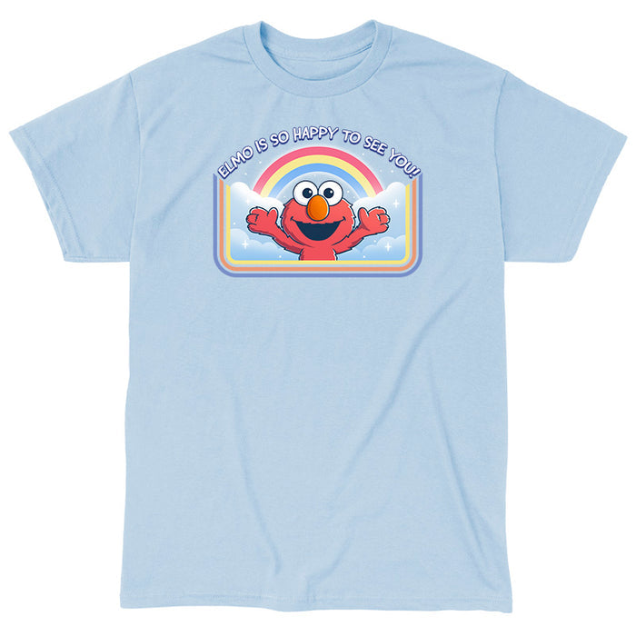 Classic Cotton T-shirt_TeeTurtle light blue Elmo Is So Happy To See You Classic Cotton T-shirt featuring Elmo from Sesame Street. He's smiling and has his arms wide as if he's going in for a hug. There's a rainbow and clouds behind him and  there is a retro style border along the sides and bottom. At the top is the text "Elmo Is So Happy To See You."
