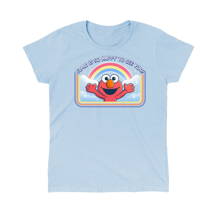 Classic Cotton T-shirt_TeeTurtle light blue Elmo Is So Happy To See You Classic Cotton T-shirt featuring Elmo from Sesame Street. He's smiling and has his arms wide as if he's going in for a hug. There's a rainbow and clouds behind him and  there is a retro style border along the sides and bottom. At the top is the text "Elmo Is So Happy To See You."