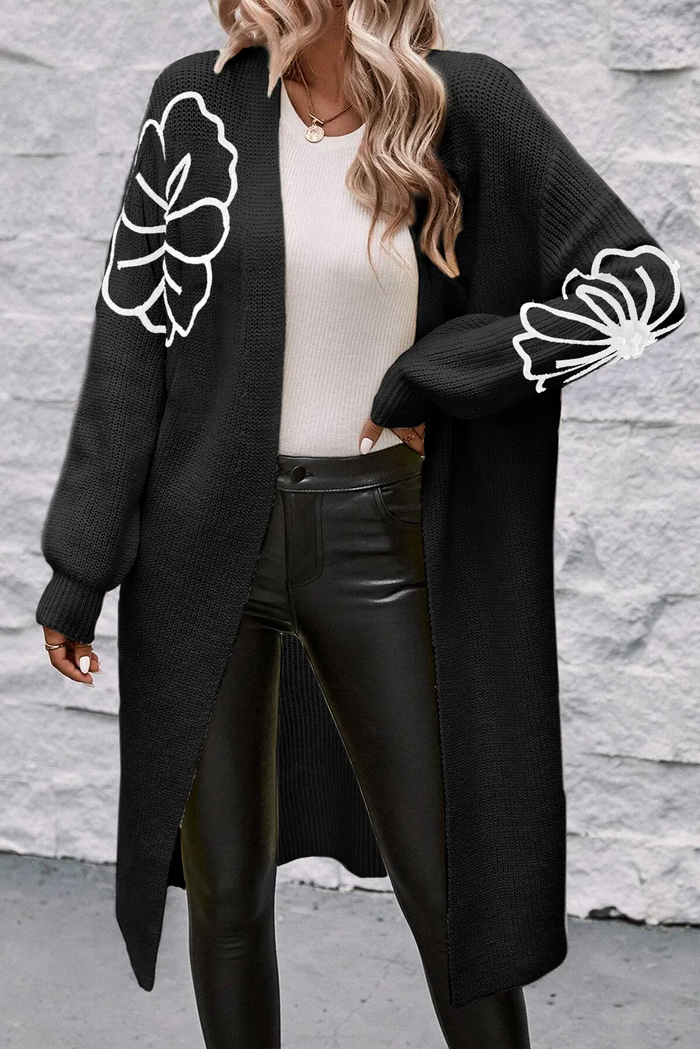 Embroidered Drop Shoulder Open Front Duster Cardigan - Black / S - Sweaters & Cardigans/Cardigans