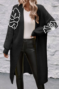 Embroidered Drop Shoulder Open Front Duster Cardigan - Black / S - Sweaters & Cardigans/Cardigans