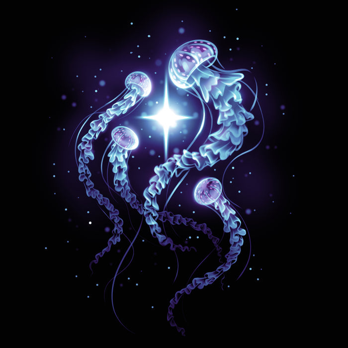 Premium Cotton T-shirt_TeeTurtle black Enchanting Jellyfish apparel featuring a smack of four blue, and purple jellyfish swimming around a bright white light in the deep ocean.