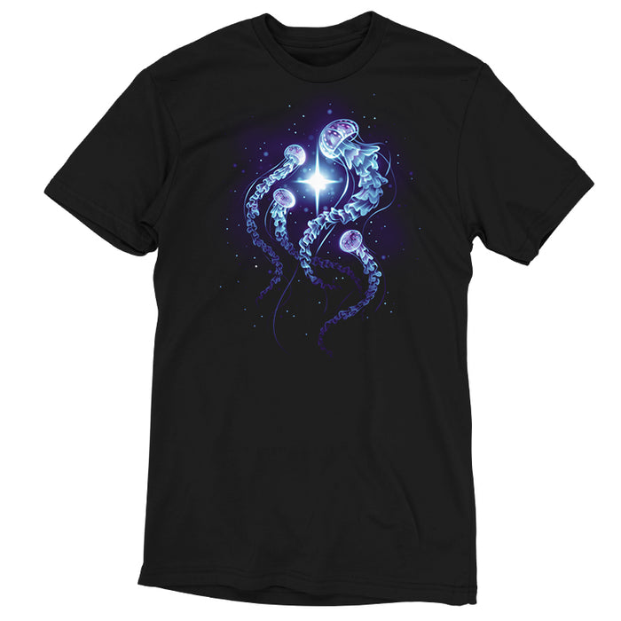 Premium Cotton T-shirt_TeeTurtle black Enchanting Jellyfish apparel featuring a smack of four blue, and purple jellyfish swimming around a bright white light in the deep ocean.