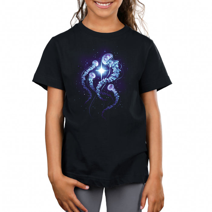 Premium Cotton T-shirt_TeeTurtle black Enchanting Jellyfish apparel featuring a smack of four blue, and purple jellyfish swimming around a bright white light in the deep ocean.