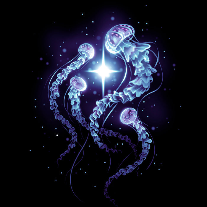 Classic Cotton T-shirt_TeeTurtle black Enchanting Jellyfish apparel featuring a smack of four blue, and purple jellyfish swimming around a bright white light in the deep ocean.