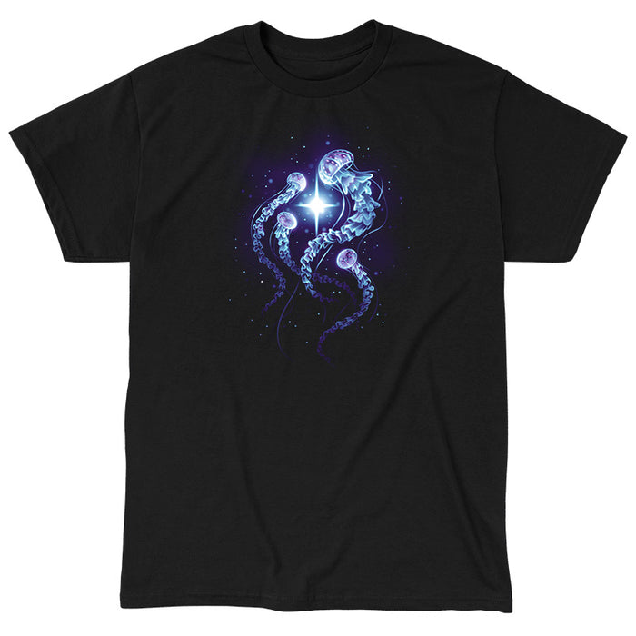Classic Cotton T-shirt_TeeTurtle black Enchanting Jellyfish apparel featuring a smack of four blue, and purple jellyfish swimming around a bright white light in the deep ocean.