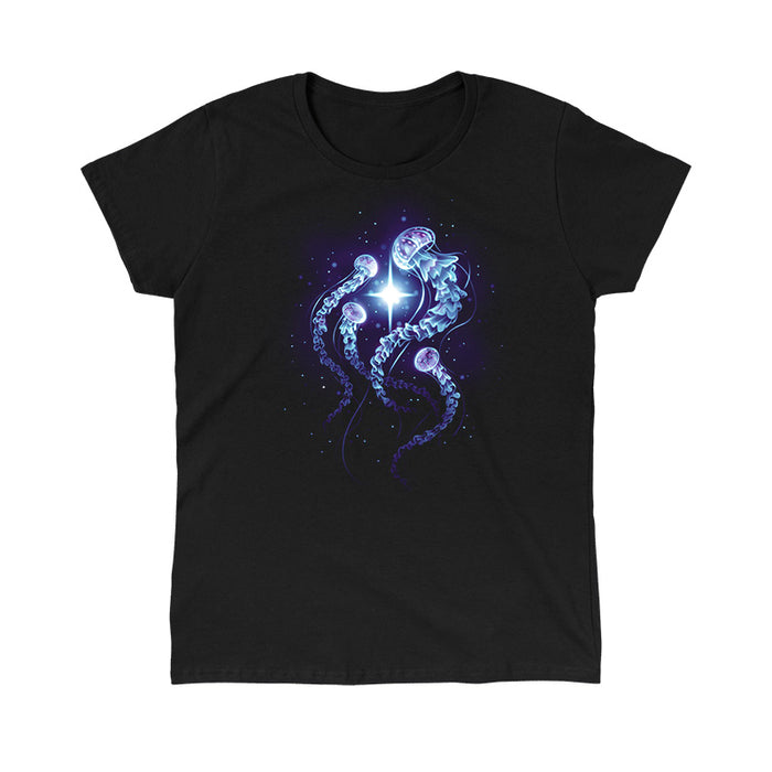 Classic Cotton T-shirt_TeeTurtle black Enchanting Jellyfish apparel featuring a smack of four blue, and purple jellyfish swimming around a bright white light in the deep ocean.