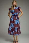 ENTRO Floral Print Eyelet Midi Dress In Wine