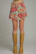 ENTRO Floral Print Mini Skort In Camel