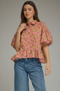 ENTRO Floral Print Puff Sleeve With Ruffle Hem In Dusty Pink PLUS Sizes