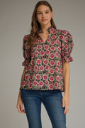 ENTRO Floral Puff Sleeve Top In Pink Olive