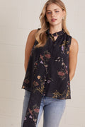 ENTRO Floral Sleeveless Top With Self Tie Neck Detail In Black