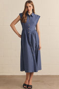 ENTRO Gingham Sleeveless Midi Dress In Navy