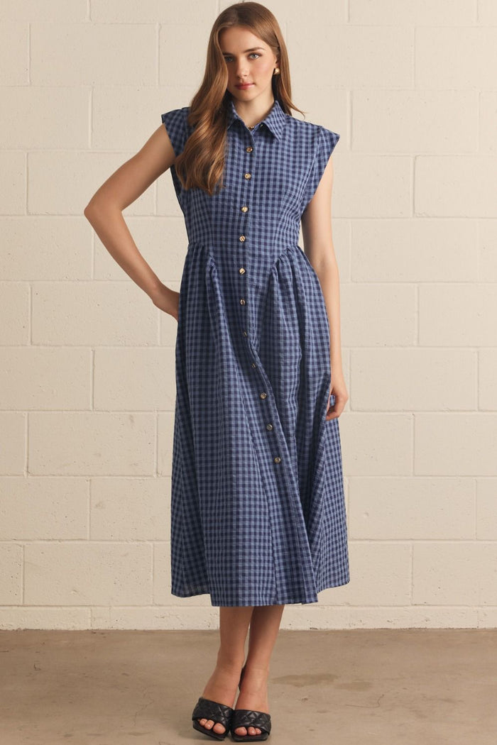 ENTRO Gingham Sleeveless Midi Dress In Navy