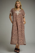 ENTRO Leopard Print Short Sleeve Midi Dress PLUS Size