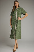 ENTRO Polka Dot Contrast Trim Midi Dress In Olive