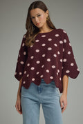 ENTRO Polka Dot Scalloped Trim Top In Plum
