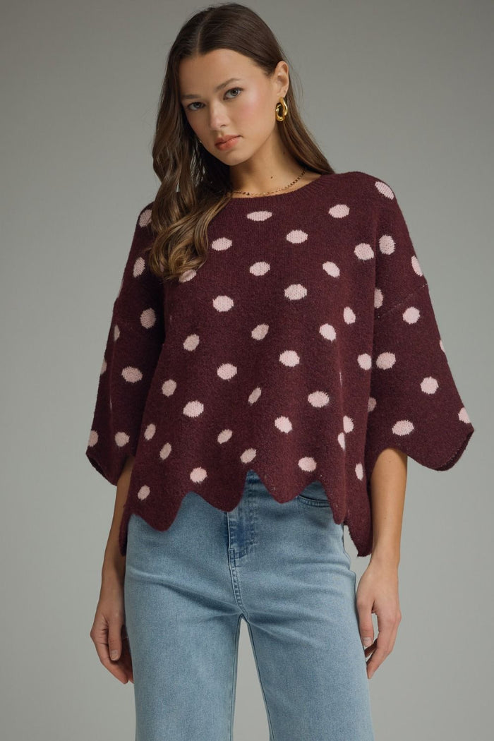 ENTRO Polka Dot Scalloped Trim Top In Plum