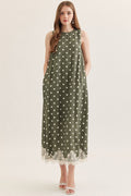 ENTRO Polka Dot Sleeveless Midi Dress With Lace Hem In Olive