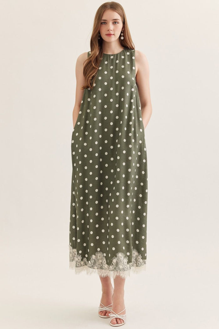 ENTRO Polka Dot Sleeveless Midi Dress With Lace Hem In Olive