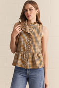 ENTRO Ruffle Collar Peplum Top In Camel Plaid