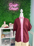 ENTRO Short Puff Sleeve Top With Contrast Stripe In Burgundy