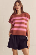 ENTRO Short Sleeve Knit Top With Bold Stripe In Brown