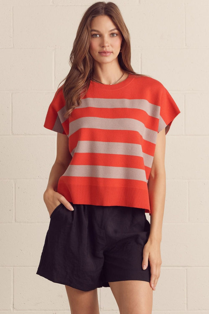 ENTRO Short Sleeve Knit Top With Bold Stripe In Carrot