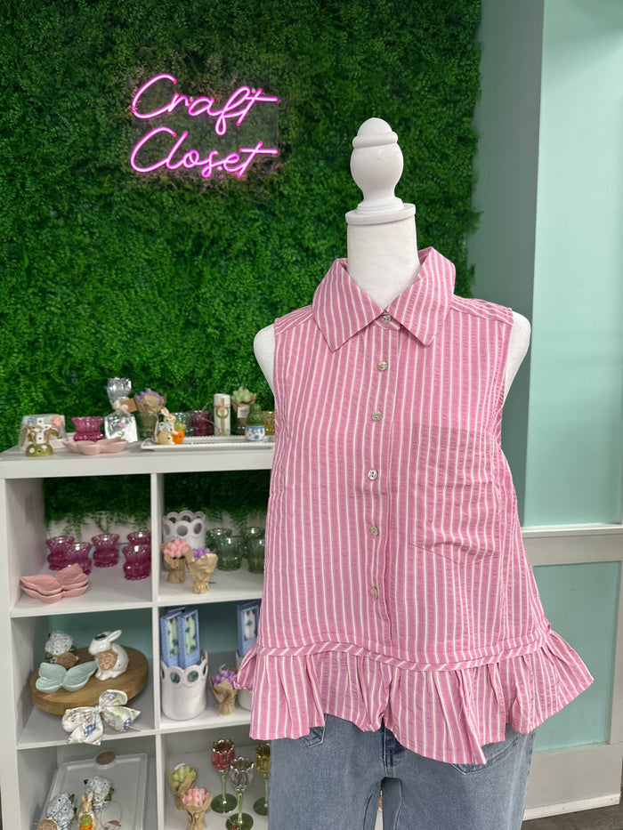 Entro Sleeveless Collared Top With Ruffle Trim In Pink *FINAL SALE*
