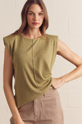 ENTRO Solid Cap Sleeve Top With Front Seam In Light Olive