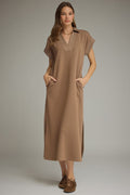ENTRO Solid Collared Midi Dress In Mocha