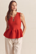 ENTRO Solid Peplum Top With Loop Hardware Detail In Scarlet