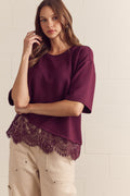 ENTRO Solid Short Sleeve Knit Top With Scalloped Lace Hem In Burgundy