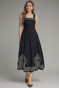 ENTRO Square Neck Midi Dress With Embroidered Line Trim In Black
