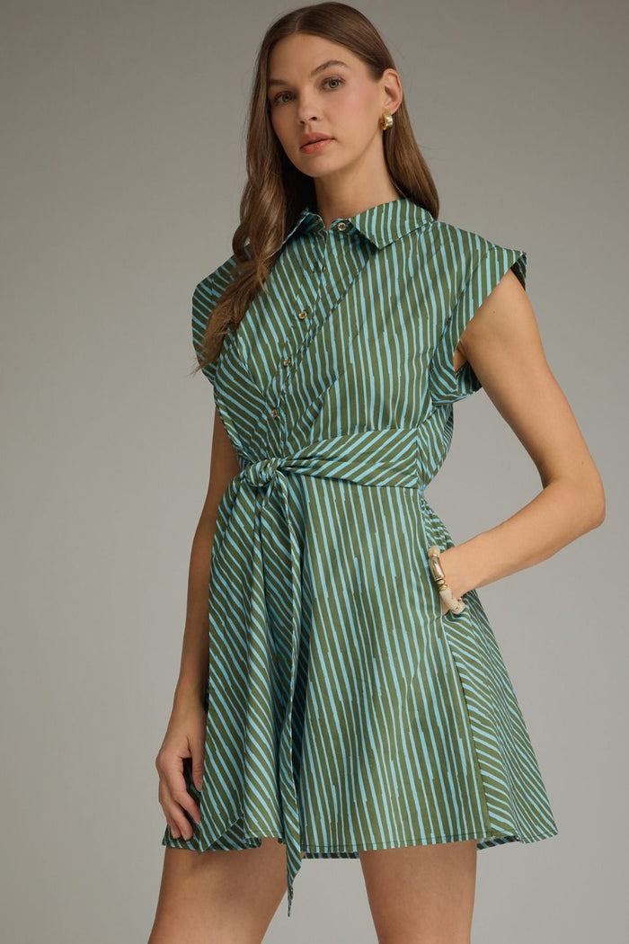 ENTRO Striped Cap Sleeve Mini Dress With Tie Waist In Olive