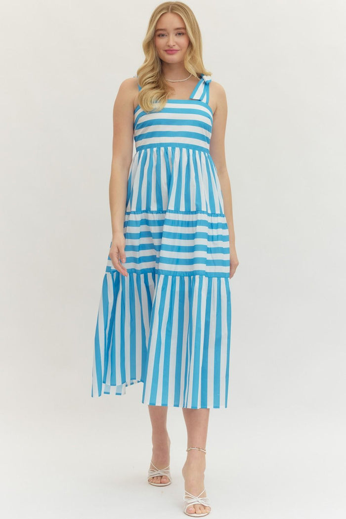 ENTRO Striped Midi Dress With Bow Shoulder Straps In Blue FINAL SALE