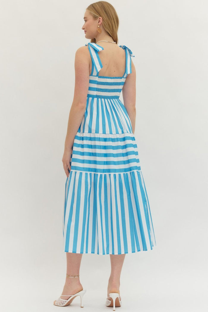 ENTRO Striped Midi Dress With Bow Shoulder Straps In Blue FINAL SALE