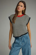 ENTRO Striped Round Neck Top In Cream Black
