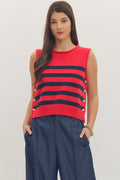 ENTRO Striped Sleeveless Knit Top With Gold Detail In Red *FINAL SALE*