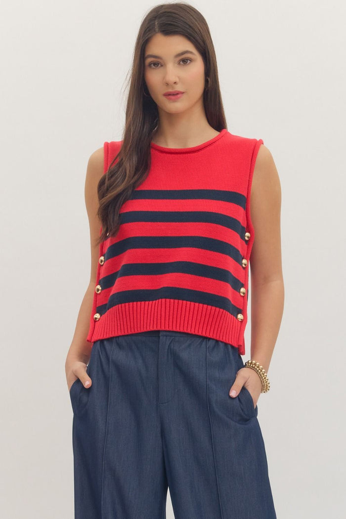 ENTRO Striped Sleeveless Knit Top With Gold Detail In Red *FINAL SALE*