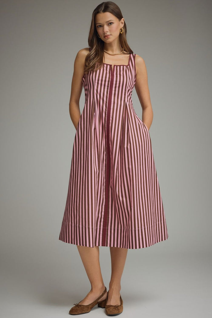 ENTRO Striped Sleeveless Midi Dress With Contrast Trim In Pink Brown *FINAL SALE*