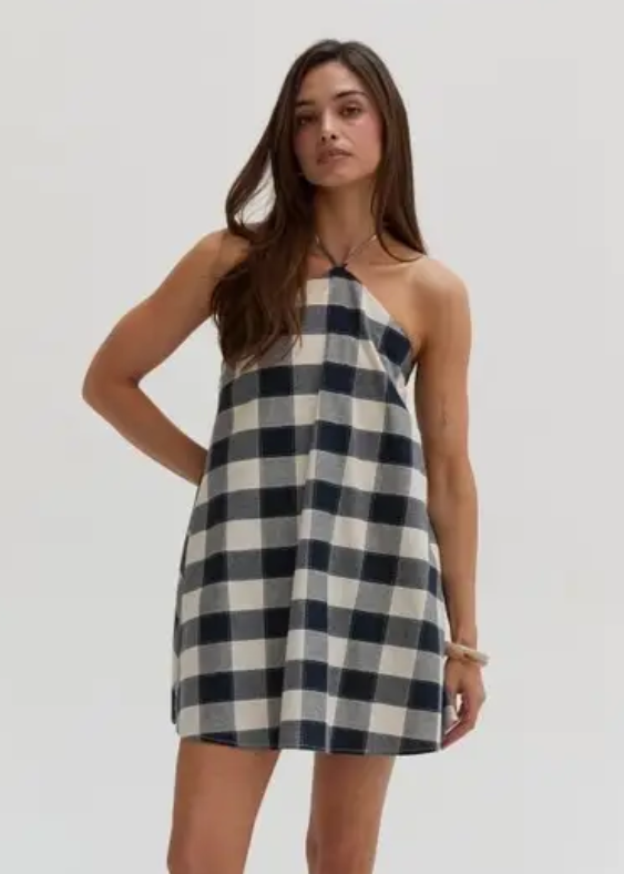Flora Gingham Halter Romper Dress - Navy