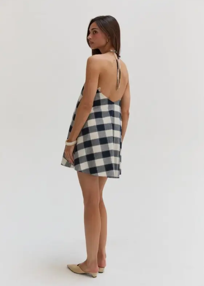 Flora Gingham Halter Romper Dress - Navy