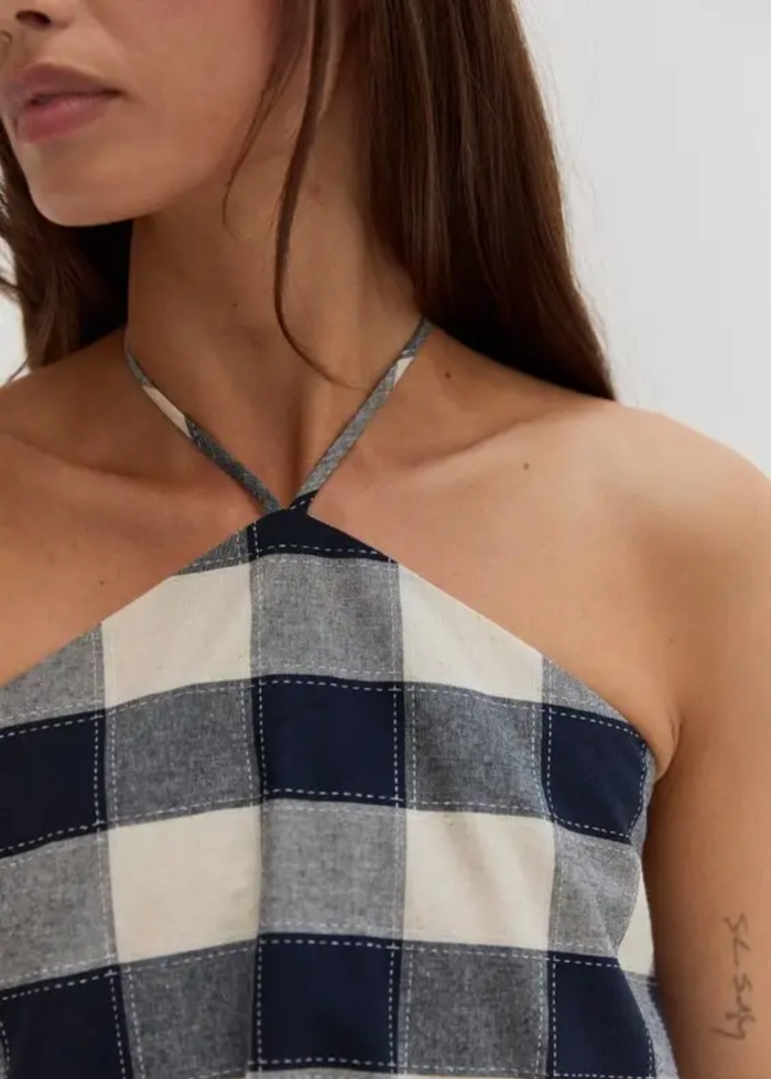 Flora Gingham Halter Romper Dress - Navy