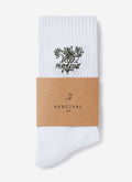 A pair of white ribbed Floral Embroidered Socks by Percival, folded neatly within their branded cardboard sleeve.